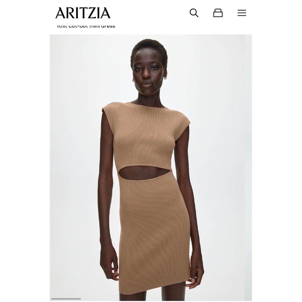 Wilfred Free Knit Cut Out Mini Dress Size Medium Camel‎ Ribbed Cap Sleeve